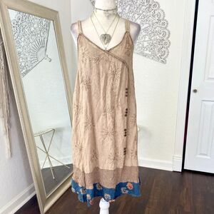 Y2K Witchy Boho Tan Blue Floral Embroidered Asymmetric Midi Dress Size M
